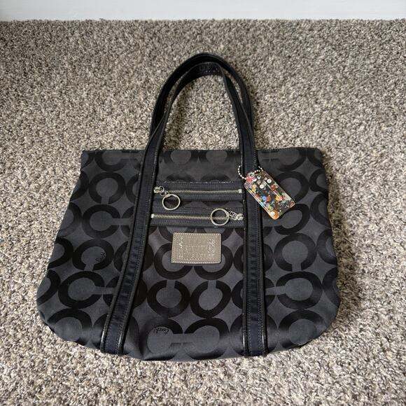 Coach Poppy Op Art Glam Tote Shoulder Hand Bag #13826 Black Logo Jacquard